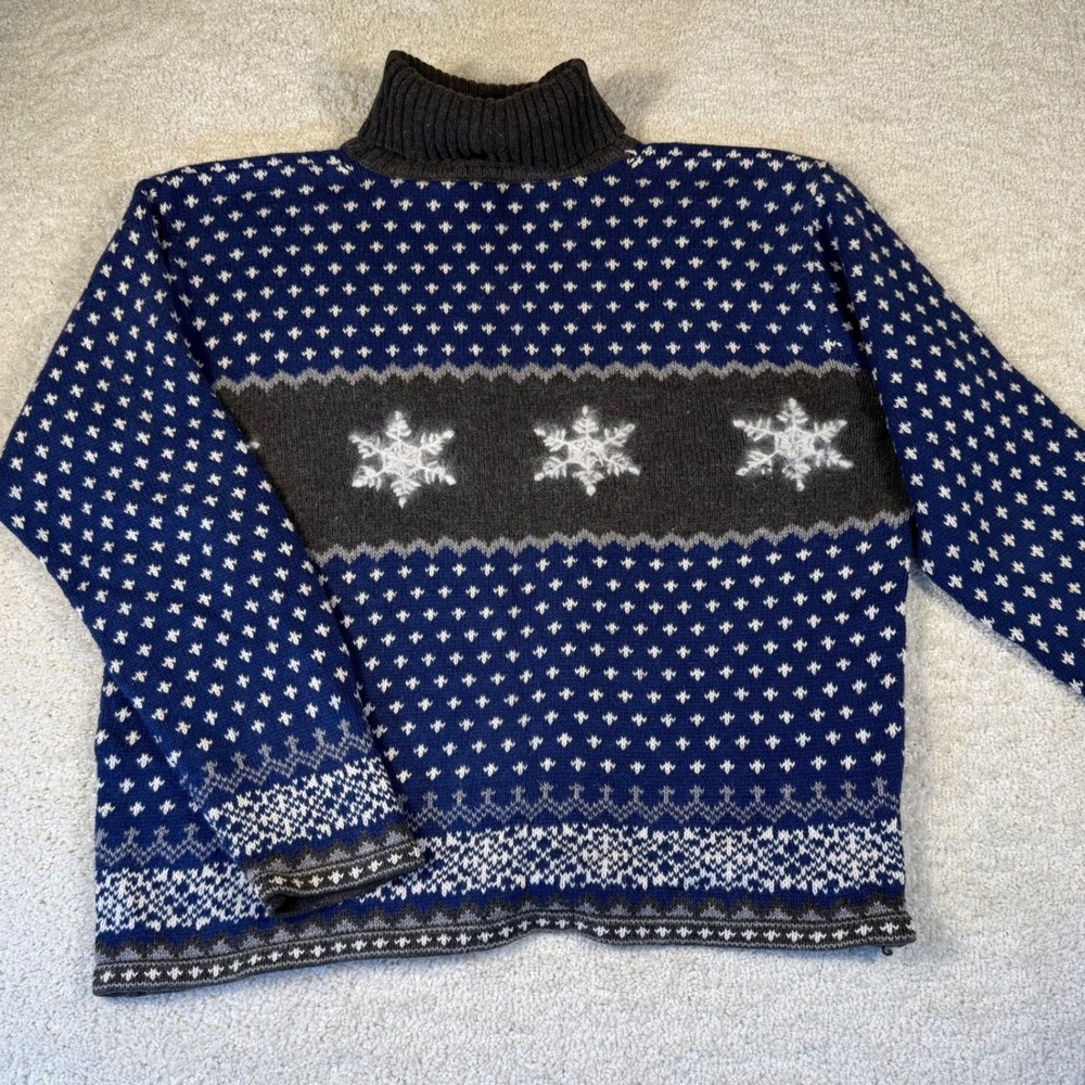 VTG Paul Harris Design Snowflake Fair Isle Turtleneck Sweater‎ Size XL Blue Y2K